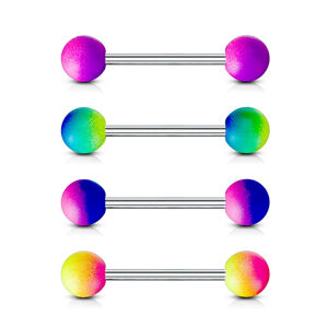 Piercing z ocele 316L do jazyka - činka s dvojfarebnými pogumovanými guličkami, rôzne farebné variácie - Farba piercing: Modrá - Ružová