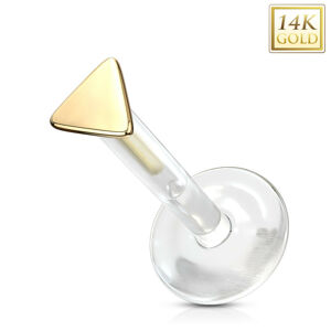 Piercing zo žltého 14K zlata do nosa, ucha, pery - drobný rovnostranný trojuholník, priesvitný Bioflex