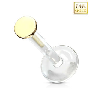 Piercing zo žltého 14K zlata do ucha, chrupavky, pery - priehľadný Bioflex, hladký krúžok, 2 mm