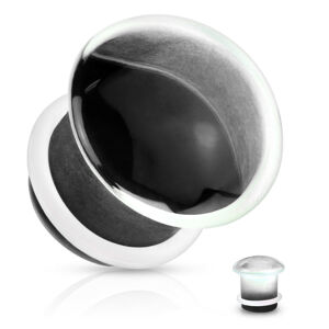 Plug do ucha, číre sklo, vypuklý tvar - hríbik s čiernym zakončením, brzdiaca gumička - Hrúbka: 10 mm