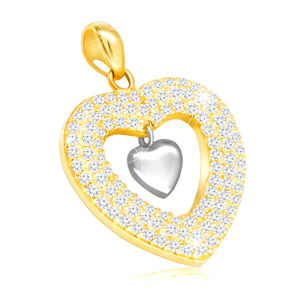 Prívesok v kombinovanom 375 zlate - srdce vykladané čírymi zirkónmi, plné srdiečko 