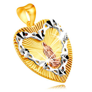 Prívesok v kombinovanom zlate 375 - srdcová známka, kontúra srdca s Pannou Máriou