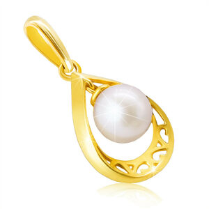 Prívesok z 9K žltého zlata - kontúra slzy s výrezom ornamentov, perla bielej farby