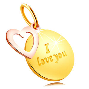 Prívesok z kombinovaného 375 zlata - okrúhla známka s nápisom "I love you", kontúra srdca