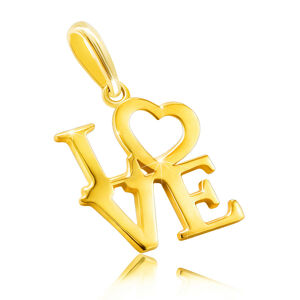Prívesok zo 14K žltého zlata - nápis "LOVE" veľkými písmenami, srdiečko ako písmeno O