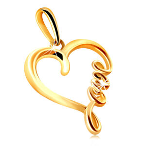 Prívesok zo žltého 375 zlata - lesklá kontúra srdca s nápisom "Love"