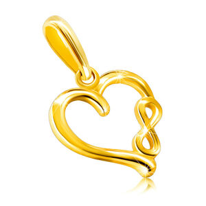 Prívesok zo žltého 375 zlata - motív "INFINITY" v ramene lesklého srdca, hladký povrch