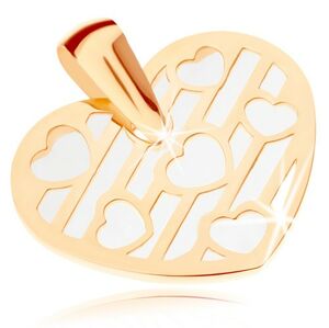 Prívesok zo žltého 9K zlata - srdce zdobené výrezmi, podklad z perlete