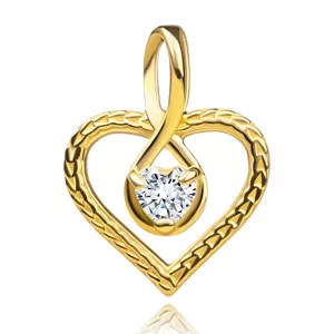 Prívesok zo žltého zlata 375 - štruktúrované srdce, zirkón v obryse kvapky