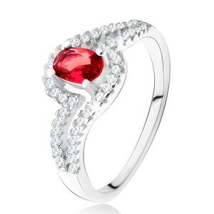 Prsteň s oválnym červeným kameňom, zvlnené zirkónové ramená, striebro 925 - Veľkosť: 58 mm