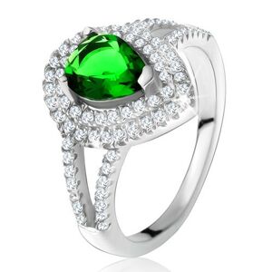 Prsteň so zeleným slzičkovým kameňom, dvojitý číry lem, striebro 925 - Veľkosť: 52 mm