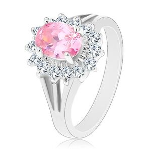 Prsteň so zirkónovým kvetom v ružovej a čírej farbe, rozdelené ramená - Veľkosť: 54 mm