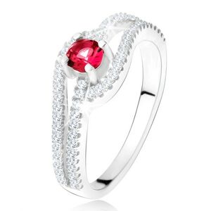 Prsteň so zvlnenými zirkónovými ramenami, červený kameň, striebro 925 - Veľkosť: 50 mm