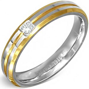 Prsteň strieborno-zlatej farby z ocele s malým čírym zirkónom - Veľkosť: 60 mm