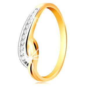 Prsteň v 14K zlate - dvojfarebné zvlnené ramená, línia čírych zirkónov a zárez - Veľkosť: 52 mm