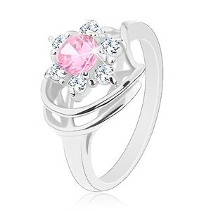Prsteň v striebornej farbe, ružovo-číry zirkónový kvet, lesklé oblúky - Veľkosť: 50 mm
