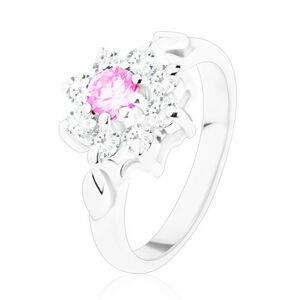 Prsteň v striebornom odtieni, ružovo-číry zirkónový kvet, lístočky - Veľkosť: 50 mm