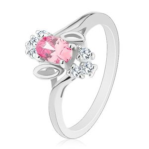 Prsteň v striebornom odtieni, ružový brúsený ovál, lístočky, číre zirkóny - Veľkosť: 59 mm