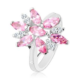 Prsteň v striebornom odtieni, veľký kvet s ružovými a čírymi lupeňmi - Veľkosť: 56 mm