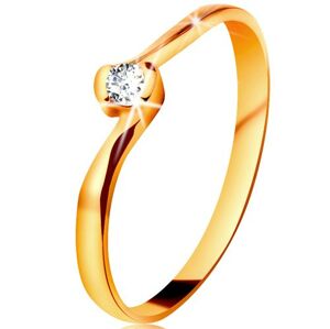 Prsteň v žltom 14K zlate - číry diamant medzi zahnutými koncami ramien - Veľkosť: 49 mm