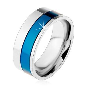 Prsteň z chirurgickej ocele, pásy modrej a striebornej farby, 8 mm - Veľkosť: 65 mm