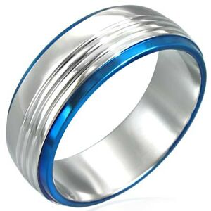 Prsteň z chirurgickej ocele s dvoma modrými pruhmi - Veľkosť: 54 mm