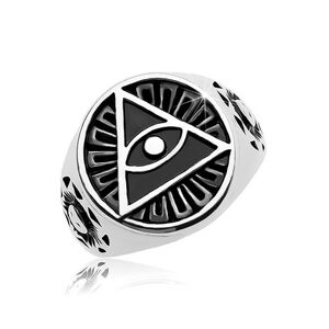 Prsteň z ocele 316L, čierny patinovaný kruh a trojuholník s okom - Veľkosť: 66 mm