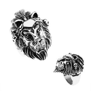 Prsteň z ocele 316L, strieborná farba, hlava leva, čelenka s pierkami, lebky - Veľkosť: 67 mm