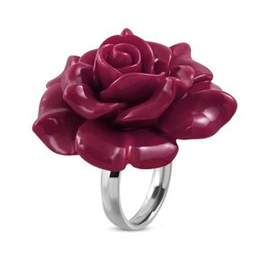 Prsteň z ocele 316L - veľká ružovofialová rozkvitnutá ruža zo živice - Veľkosť: 54 mm