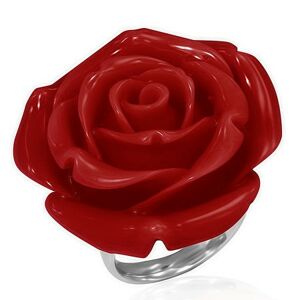 Prsteň z ocele - červená vykvitnutá ruža zo živice - Veľkosť: 60 mm