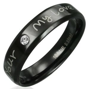 Prsteň z ocele - čierny s vyznaním lásky a čírym zirkónom - Veľkosť: 55 mm