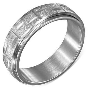 Prsteň z ocele striebornej farby - točiaca sa pieskovaná obruč s ryhami - Veľkosť: 69 mm