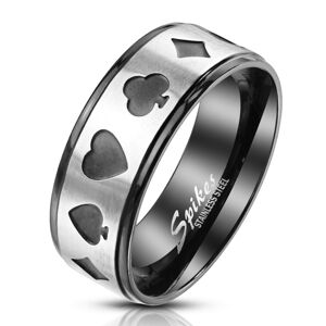 Prsteň z ocele v čierno-striebornom odtieni - symboly hracích kariet v pokery, 8 mm   - Veľkosť: 70 mm