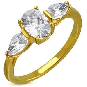 Prsteň z ocele v zlatom odtieni - číry trblietavý zirkón, zirkónové slzičky - Veľkosť: 54 mm