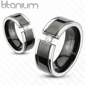 Prsteň z titánu - čierny pás, zirkón - Veľkosť: 66 mm