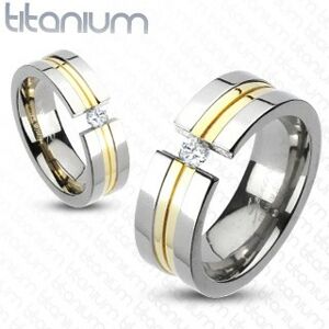 Prsteň z titánu - dva pásy zlatej farby, zirkón - Veľkosť: 51 mm