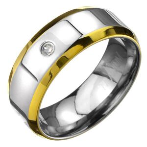 Prsteň z titánu - obrúčka striebornej farby s okrajmi zlatej farby a zirkónom - Veľkosť: 62 mm