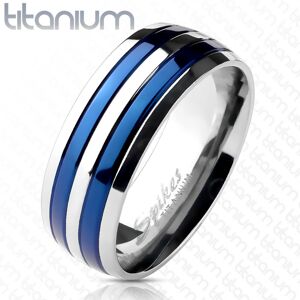 Prsteň z titánu s dvoma modrými pruhmi - Veľkosť: 52 mm