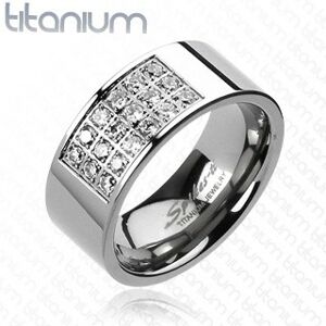 Prsteň z titánu s obdĺžnikovým výrezom vykladaným zirkónmi - Veľkosť: 65 mm
