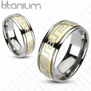 Prsteň z titánu - zlatá a strieborná farba, grécky motív - Veľkosť: 61 mm