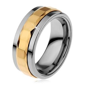 Prsteň z tungstenu, strieborná a zlatá farba, otáčavý stredový pás so štvorcami, 8 mm - Veľkosť: 52 mm
