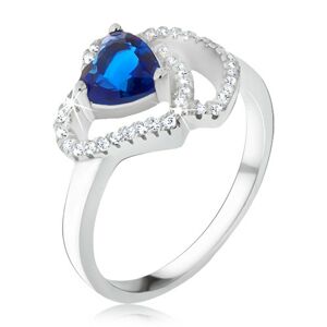Prsteň zo striebra 925, modrý srdiečkový kameň, zirkónové obrysy sŕdc - Veľkosť: 69 mm