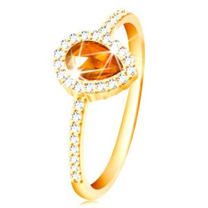 Prsteň zo žltého 14K zlata, kvapka oranžovej farby s čírym zirkónovým lemom - Veľkosť: 56 mm
