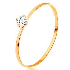 Prsteň zo žltého 14K zlata - tenké ramená, okrúhly diamant čírej farby - Veľkosť: 55 mm