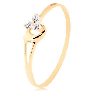 Prsteň zo žltého 14K zlata - tri diamanty v jemnom ružovom odtieni, srdiečko - Veľkosť: 60 mm