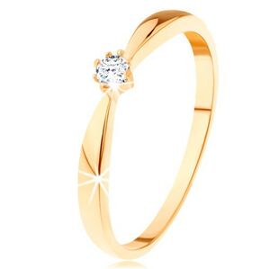 Prsteň zo žltého 14K zlata - zaoblené ramená, okrúhly diamant čírej farby - Veľkosť: 60 mm