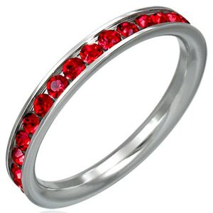Prstienok z ocele s červenými zirkónmi po obvode - Veľkosť: 57 mm