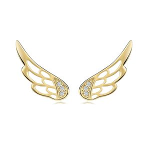 Puzetové náušnice zo žltého 14K zlata - anjelské krídla s výrezmi, číre zirkóny