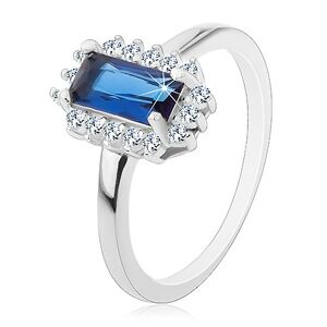 Ródiovaný prsteň, striebro 925, obdĺžnikový modrý zirkón, číry zirkónový lem - Veľkosť: 58 mm