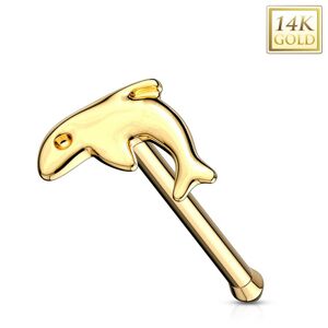 Rovný piercing do nosa v žltom zlate 585 - malý lesklý delfín